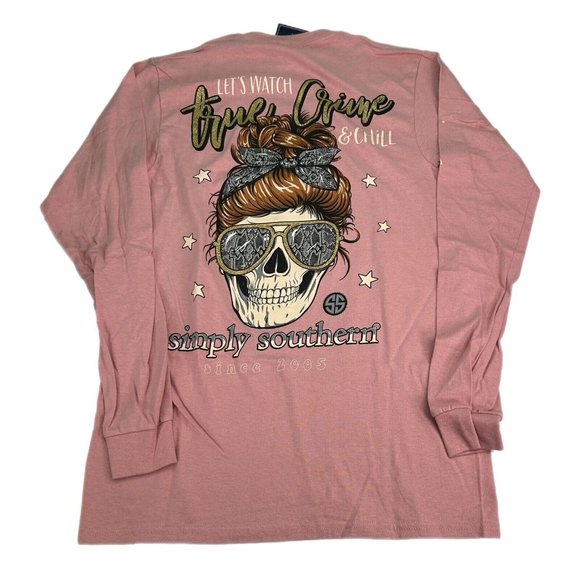 Simply Southern T-Shirt Womens Small 2XL Pink Long Sleeve True Crime & Chill - Picture 1 of 11